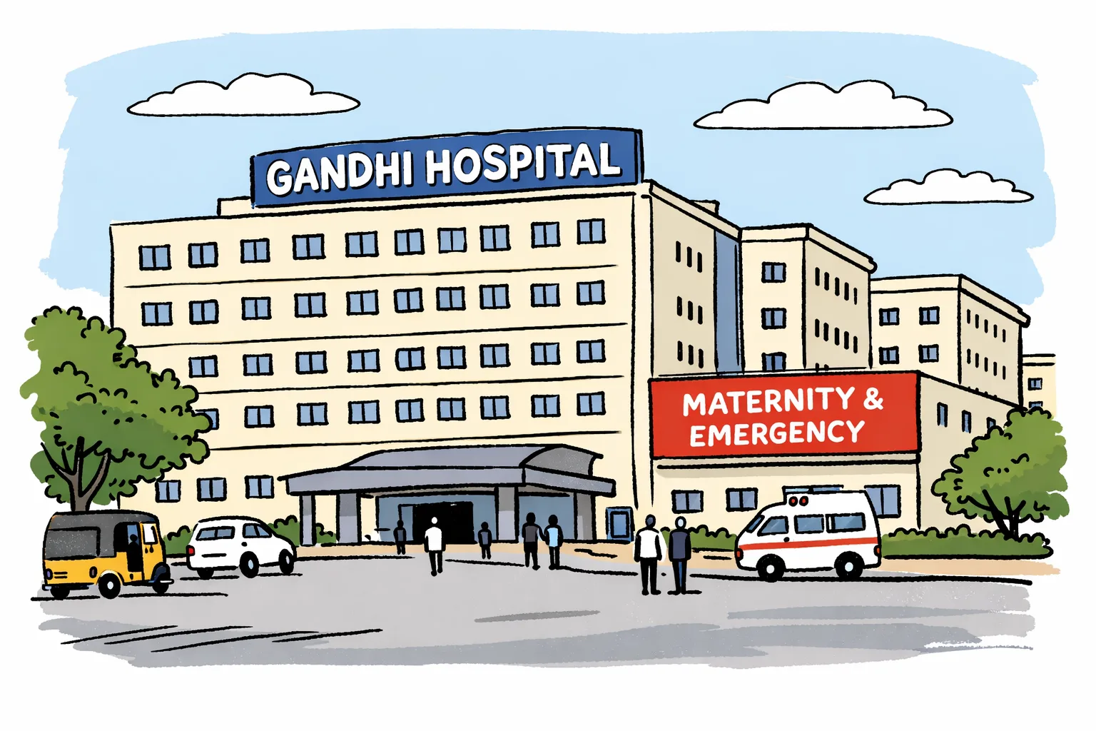 The exterior of Gandhi Hospital in Hyderabad, with vehicles and distant figures near the entrance.