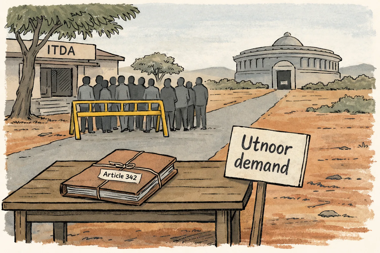 A quiet protest group stands near the ITDA office in Utnoor while a file marked Article 342 waits on a table, with a distant government building beyond an unopened document slot.