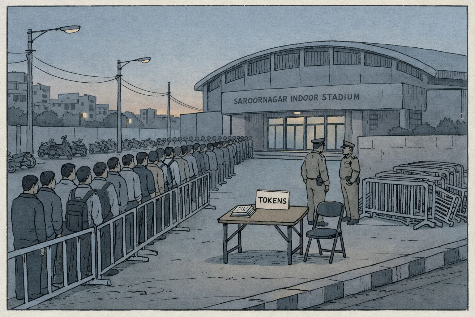 A pre-dawn queue of indistinct job applicants stands behind metal barricades outside Saroornagar Indoor Stadium, while a small token desk and several empty crowd-control barriers sit near the entrance under police supervision.