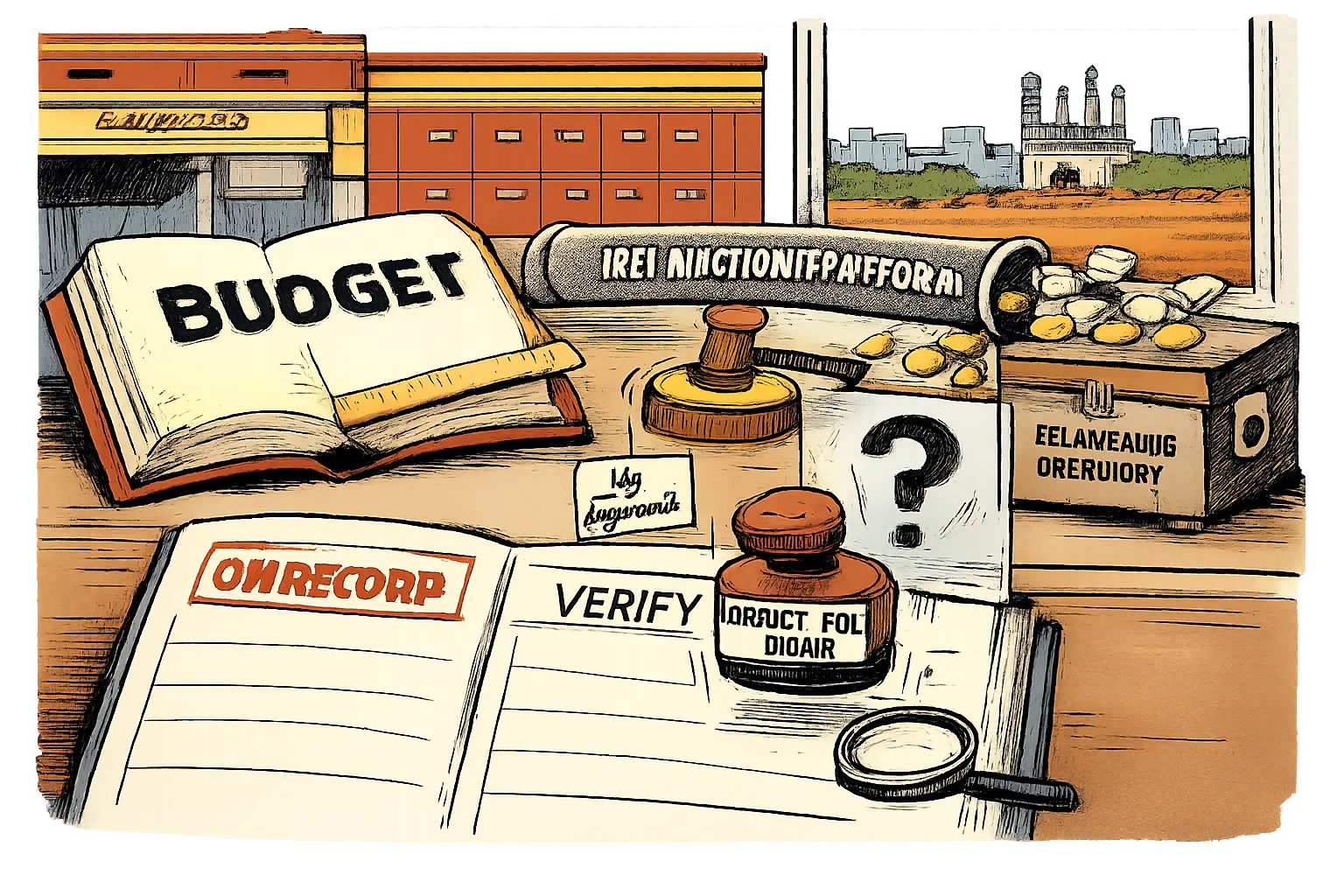 An oversized Telangana budget document sits beside a pipe labelled ‘RBI auction platform’; coins flow through the pipe into a state treasury while a small tag marked ‘July figures?’ hangs loose nearby.