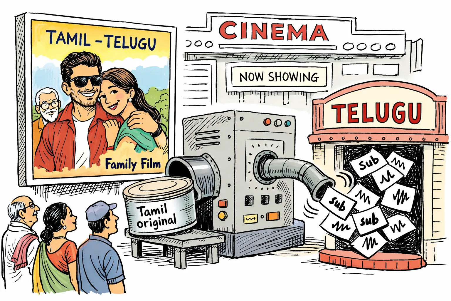 A Hyderabad cinema poster wall shows Vishwanath & Sons advertised as a Tamil–Telugu bilingual, while a film can labelled “Tamil original” feeds a single dubbing pipe into a Telugu theatre marquee; cinema-goers stand nearby reading the display.