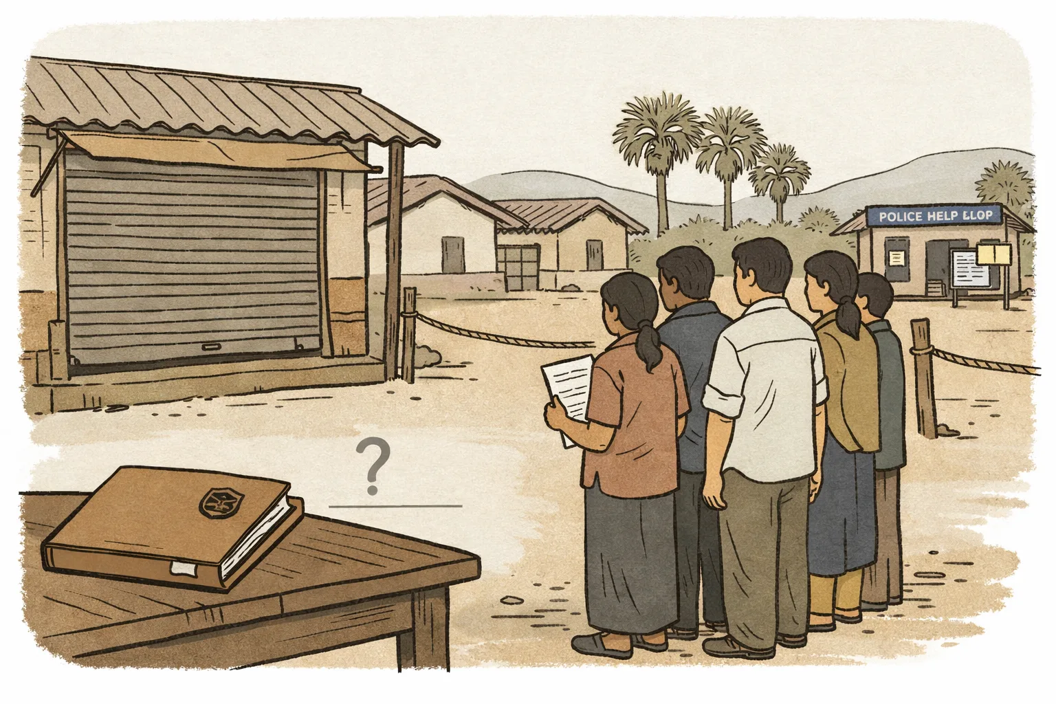 Unidentifiable villagers stand beside a written complaint outside a closed provisions shop in a rural Nizamabad setting, with toddy palms and a police document visible nearby.