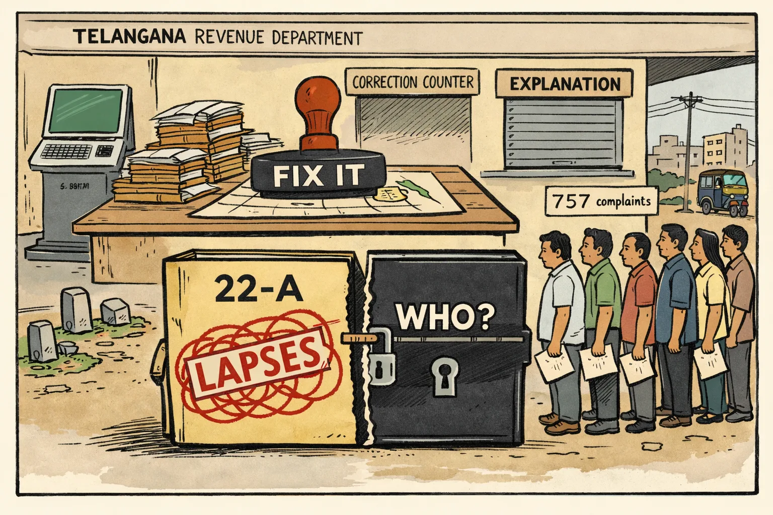 A split 22-A land file marked ‘lapses’ sits beside a locked box labelled ‘who?’ while landowners wait at a Telangana government correction counter.