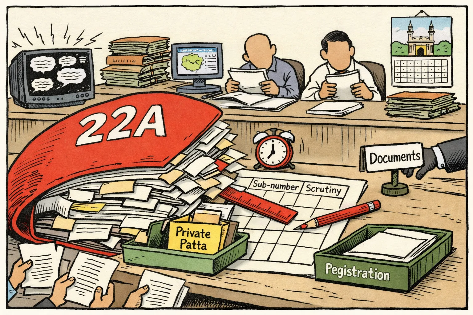 A giant file marked 22A is divided into smaller survey-number folders at a Telangana registration office while officials examine documents and a television makes indistinct noise in the background.