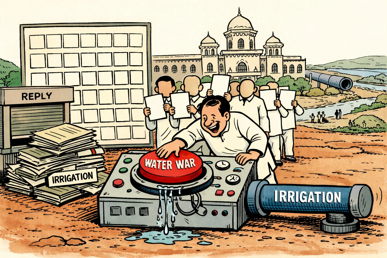 A cartoon outside a Telangana government building shows a giant button marked 'WATER WAR' beside a blank calendar, a shut reply counter and a capped irrigation pipe leading toward a dry canal.