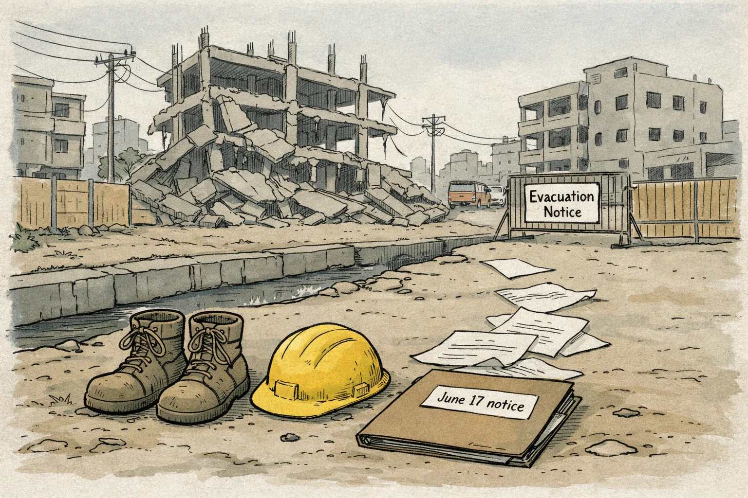 An empty safety helmet and work boots lie beside a municipal file near a barricaded, partially collapsed multi-storey construction site in an urban Hyderabad neighbourhood.