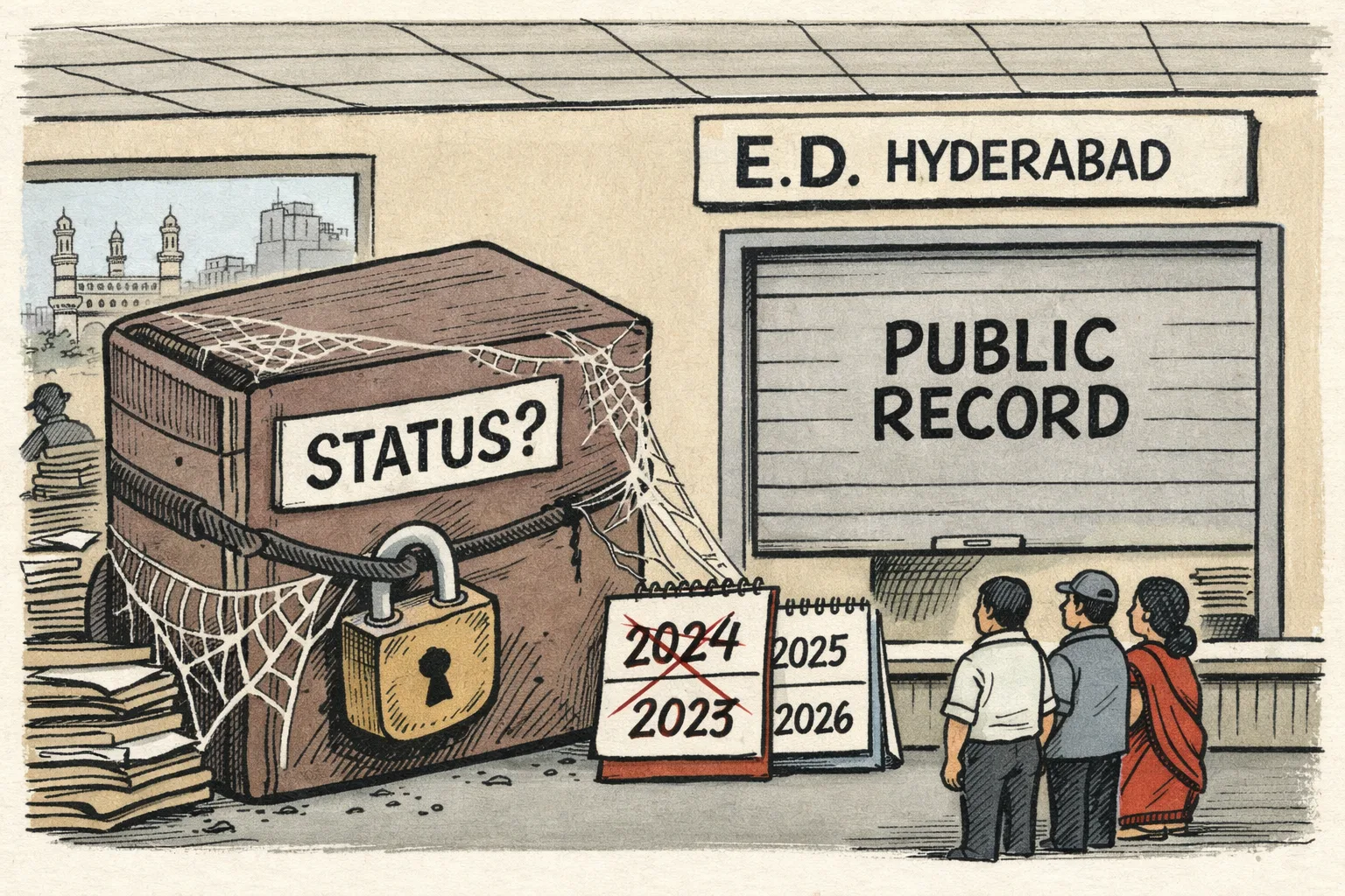 A giant padlocked case file marked “STATUS?” sits beneath cobwebs beside a calendar spanning 2024 to 2026, while a small representation waits at a shuttered public-records window in a Hyderabad office.