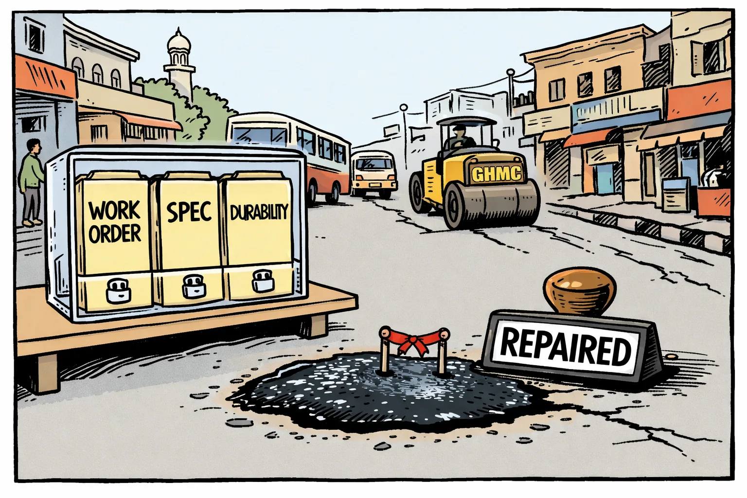 A freshly patched pothole on a Hyderabad street sits beside a REPAIRED stamp, while files labelled WORK ORDER, SPEC and DURABILITY remain locked in a cabinet and a road roller drives away.