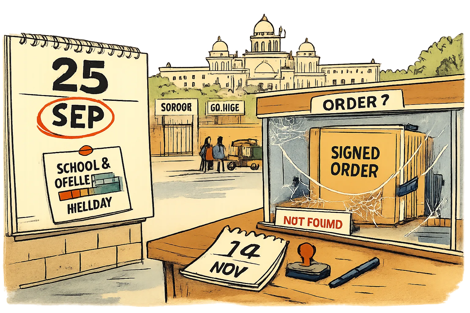 A wall calendar circles September 25 beside a closed Hyderabad government office and school, while an oversized file marked as a signed order sits behind a locked counter under cobwebs.