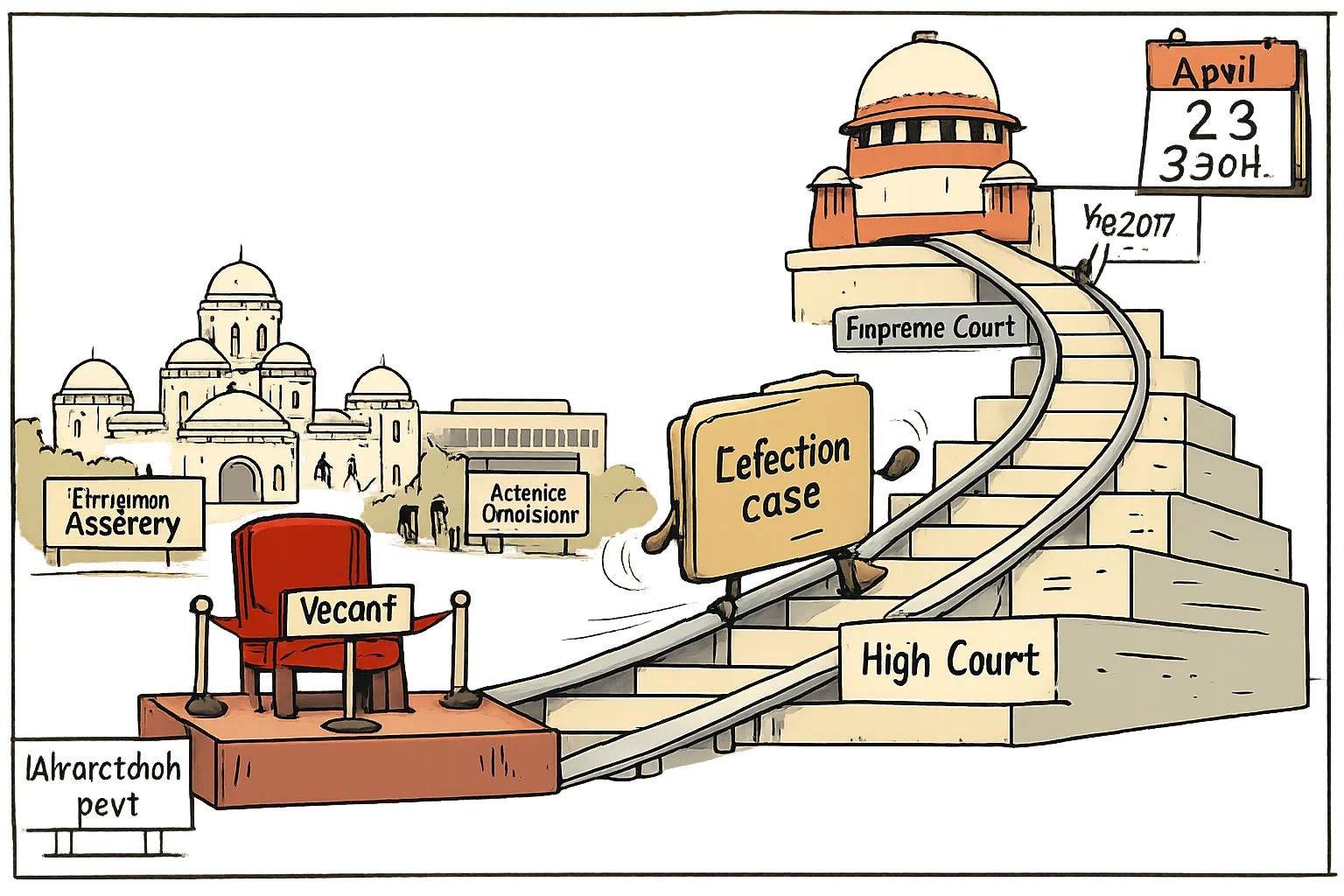 An empty Assembly chair marked for the Khairatabad seat sits beside a legal file climbing courthouse steps from a High Court toward a Supreme Court building, with a sign saying no stay yet.