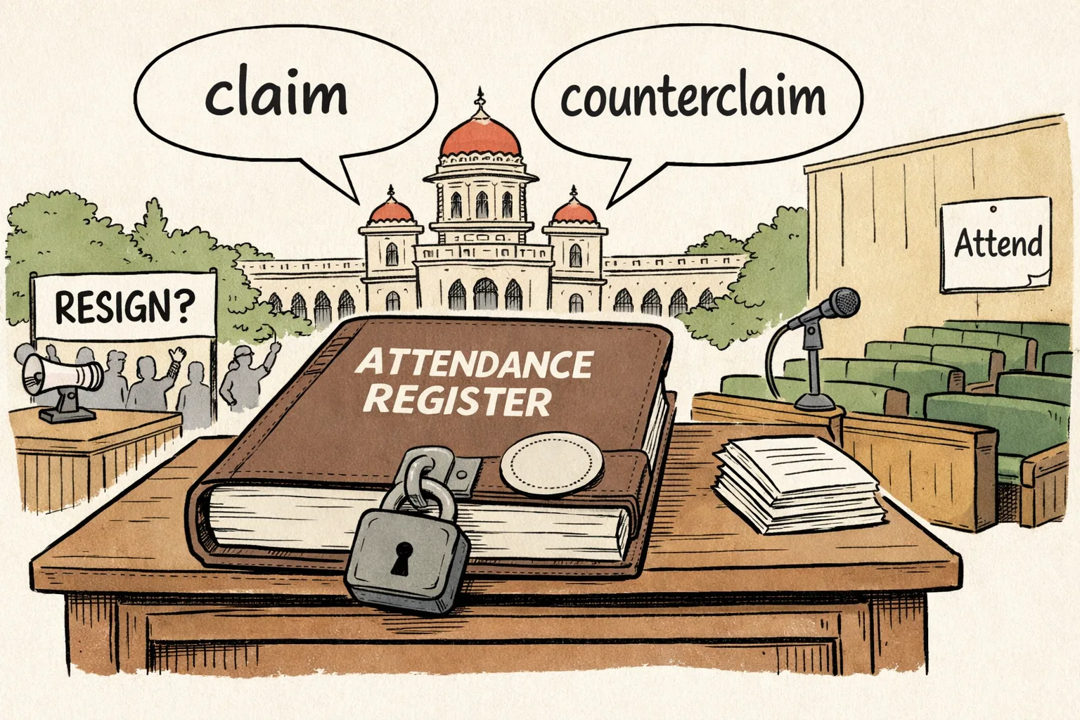 A locked ledger labelled Attendance Register sits between a protest platform and empty Telangana Assembly seats, with opposing claim and counterclaim speech bubbles above it.