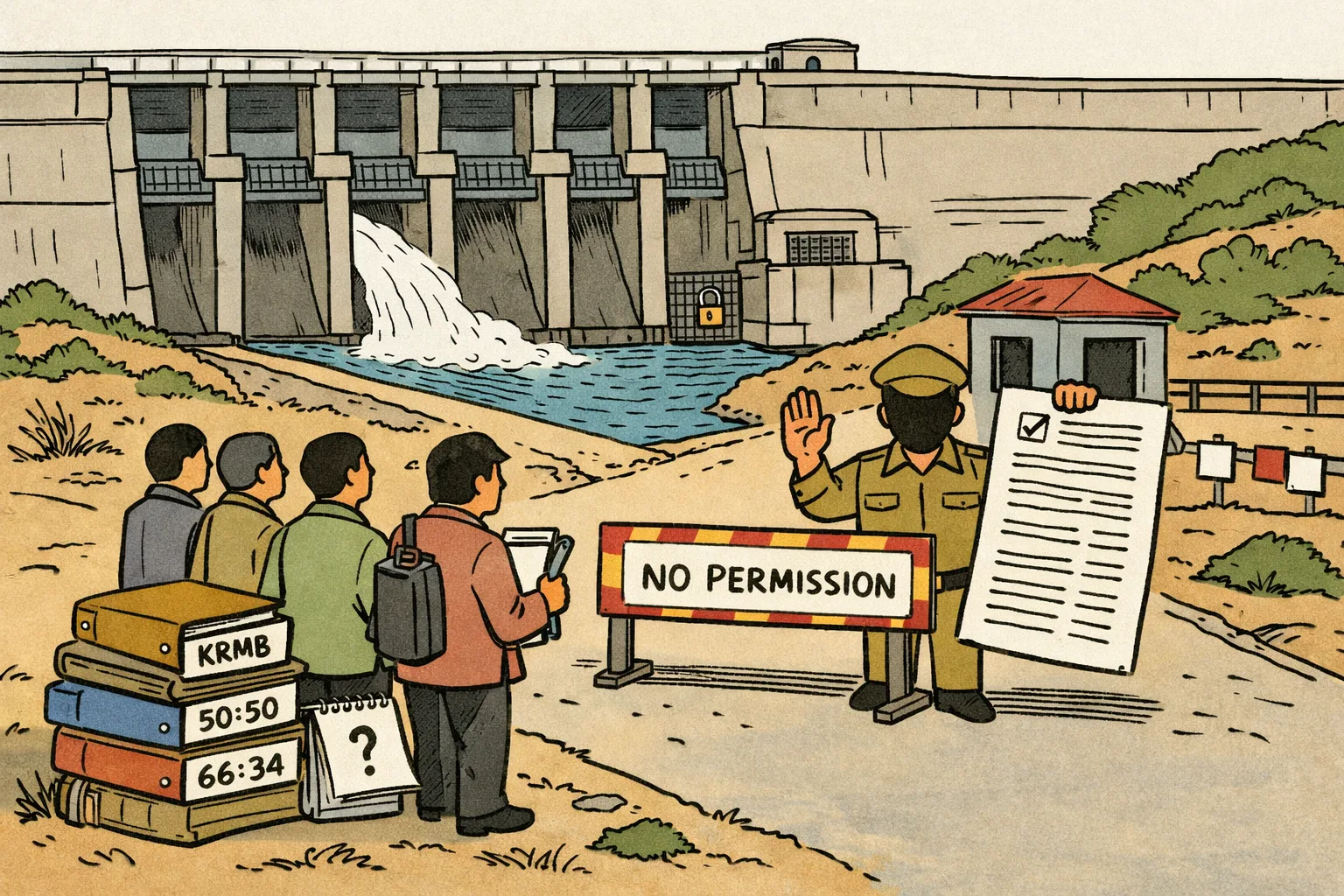 A giant locked water regulator stands between two labelled banks, while a Telangana delegation waits on one side beside a stack of Krishna River Management Board files and a uniformed gatekeeper holds up a permission form.