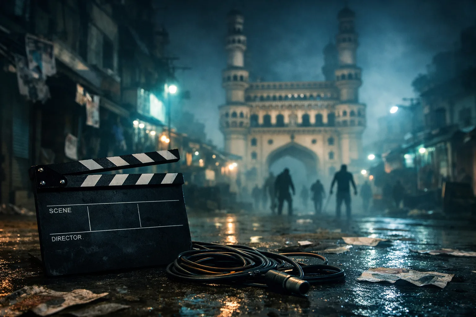 A cinematic night view of Hyderabad's Charminar behind a film clapperboard and equipment, with indistinct zombie silhouettes in the distance.