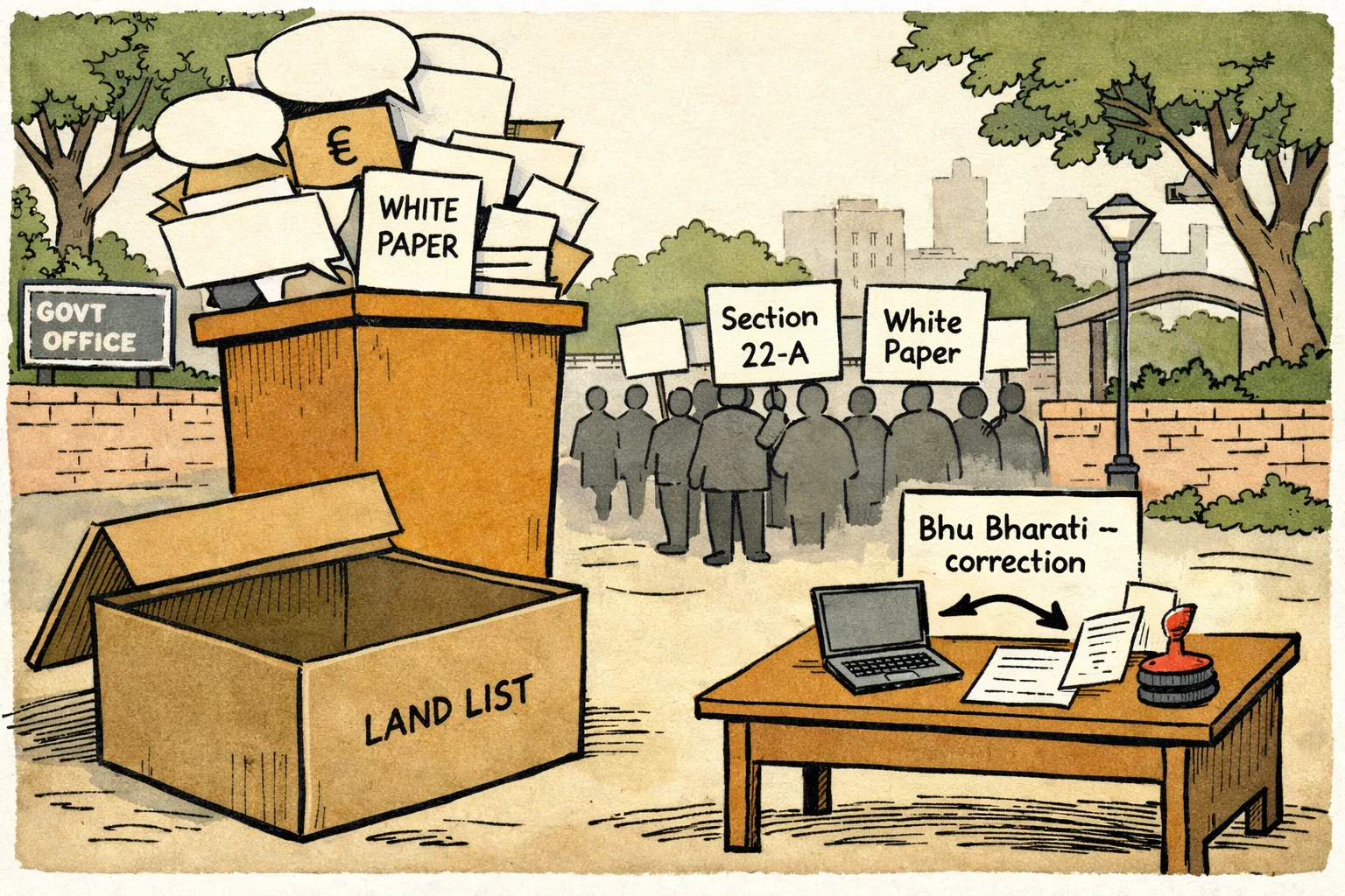 An editorial cartoon shows an enormous empty box labelled “LAND LIST” beside a crowded political podium, while a smaller desk marked “Bhu Bharati — correction” holds an orderly form.