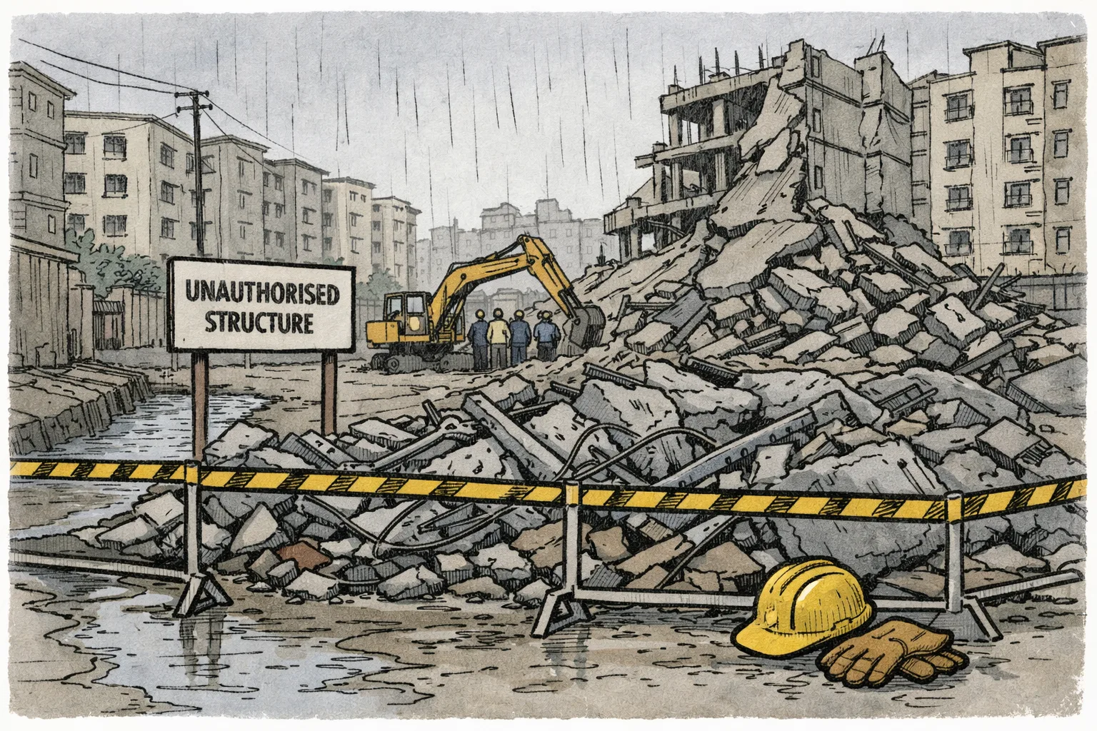 Rainy debris and twisted metal from a collapsed building sit behind a safety barrier in a Gachibowli lane while an excavator clears the remaining structure; an empty helmet and gloves rest in the foreground.