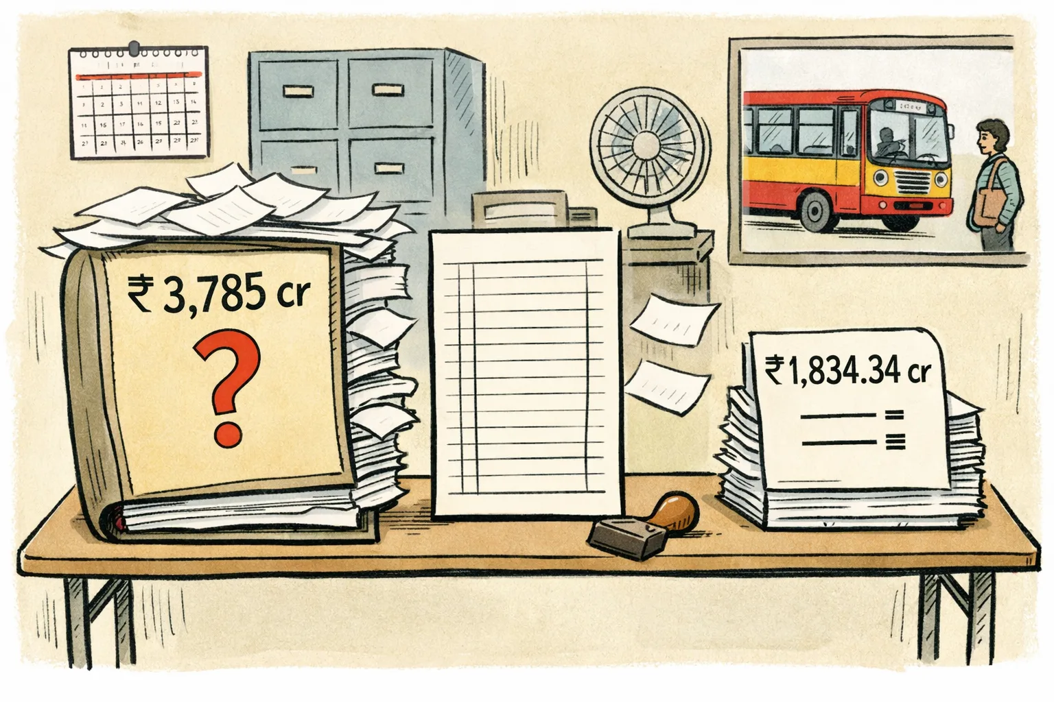 A large ledger marked ₹3,785 crore balances precariously on an incomplete arithmetic slip, beside a smaller receipt stack marked ₹1,834.34 crore; a blank reconciliation column and loose papers fill a Telangana transport records room.