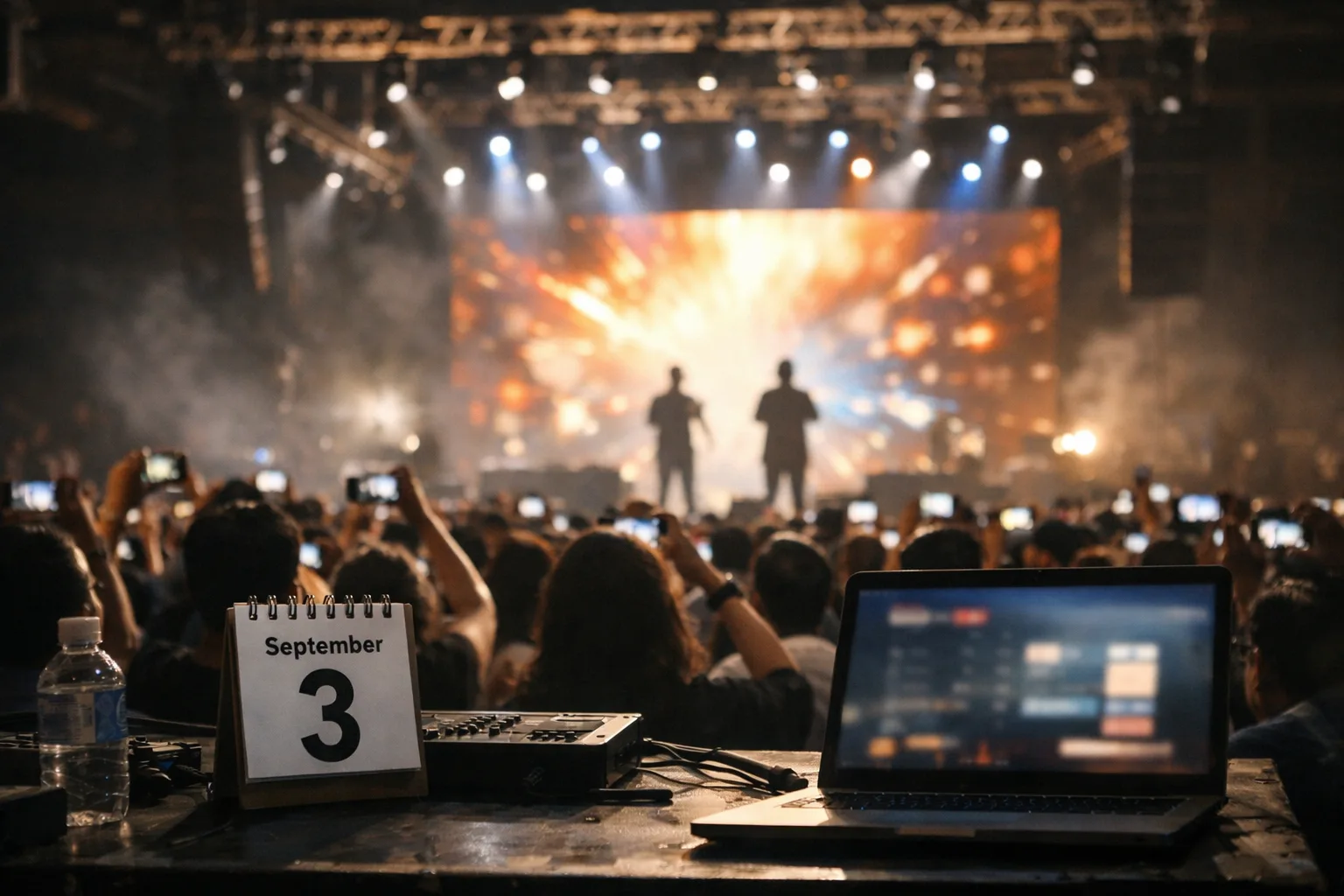 A concert stage at a Texas indoor venue with an indistinct two-person performance, a phone-holding audience and a calendar marked September 3 beside an out-of-focus laptop.