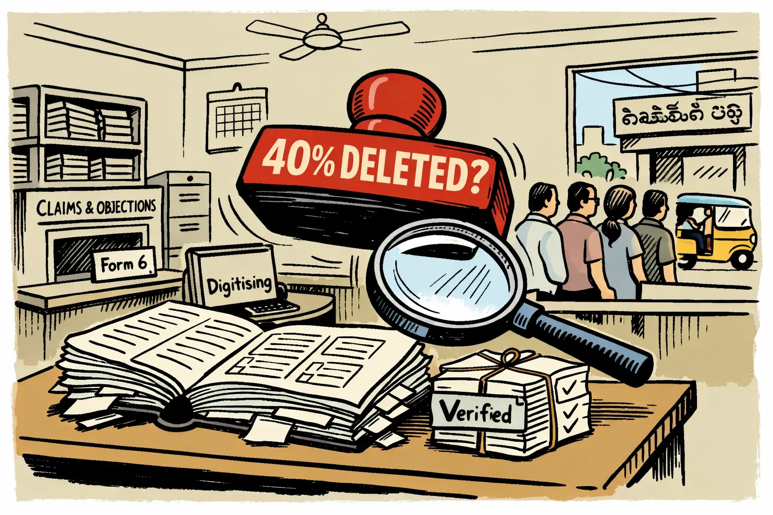 A Hyderabad election-office desk holds two stacks of voter forms: one labelled “not digitised yet” and a much smaller stack labelled “verified deletions”; a large calculator and magnifying glass sit between them while a queue of voters waits outside.