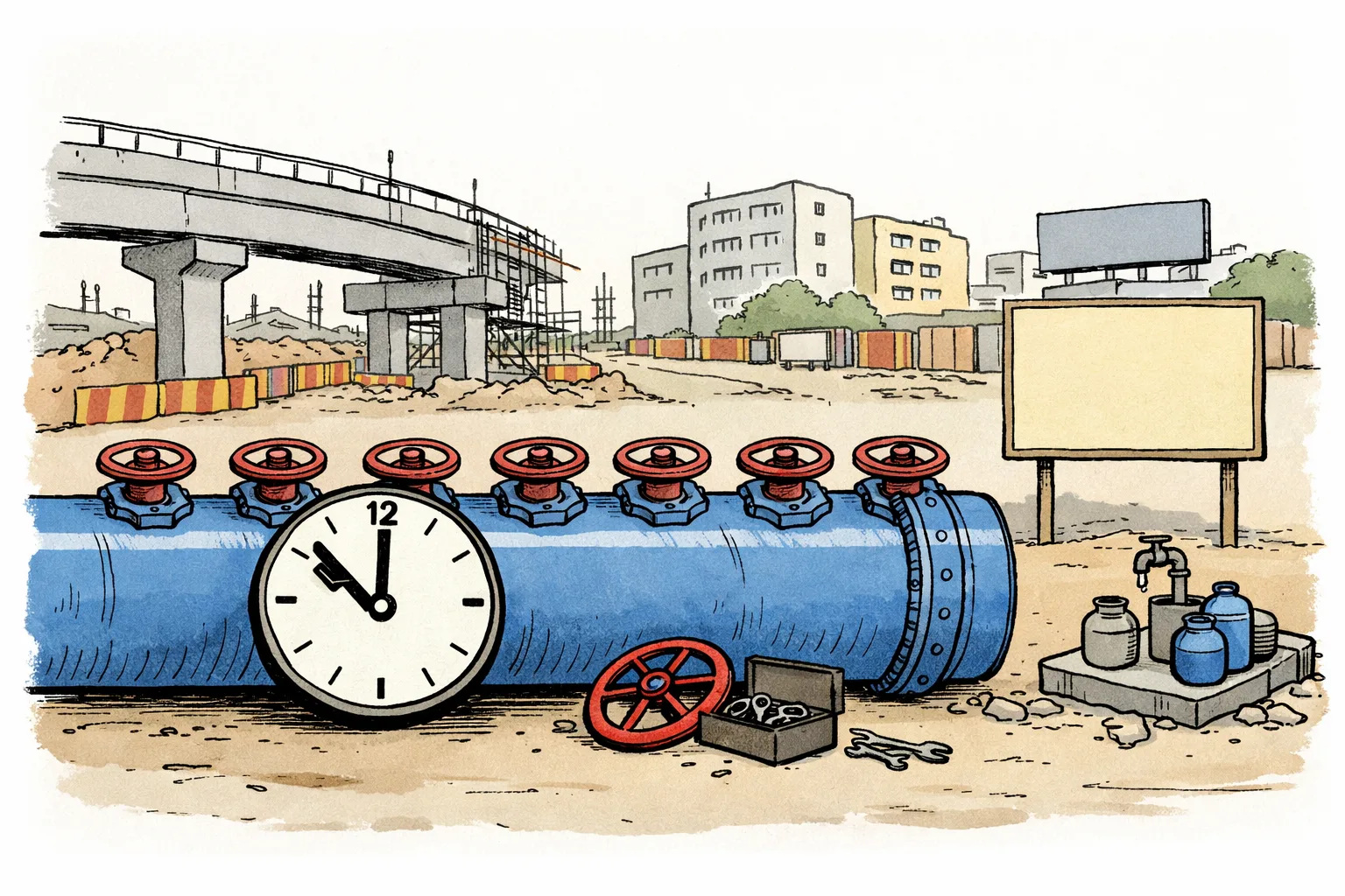 A Telangana water-board worksite at Uppal Junction shows a large blue pipeline with six installed valve wheels and a seventh wheel still beside an open tool box; behind it, a dry public tap waits beneath a blank notice board marked only with a small clock.
