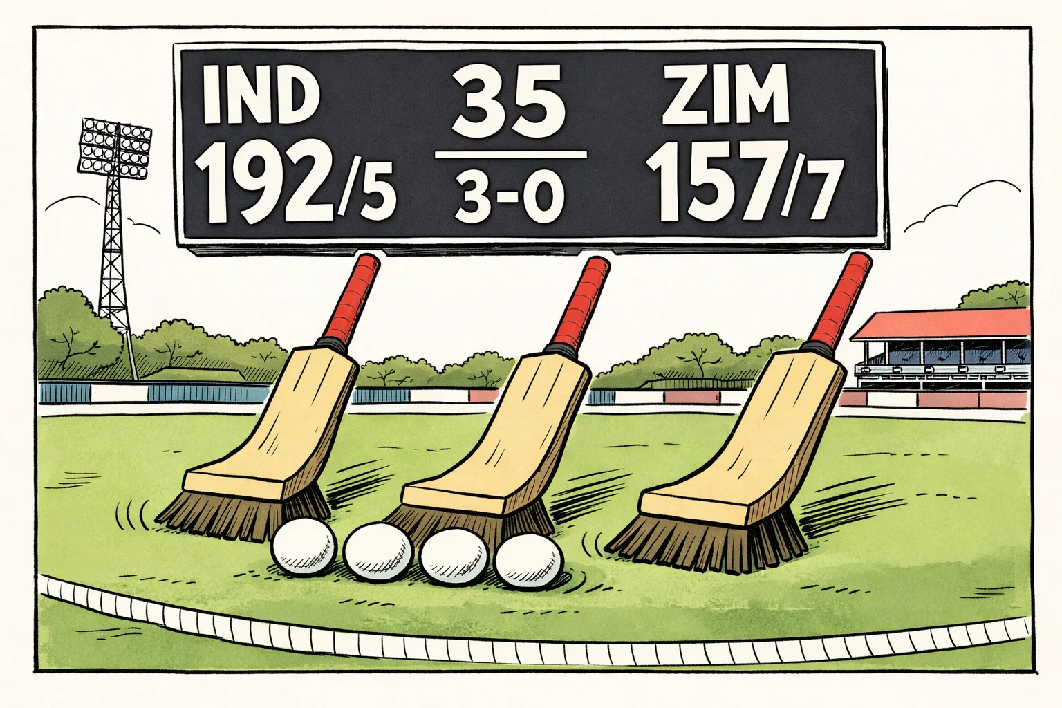 A cricket scoreboard at Harare Sports Club shows India 192 for 5 and Zimbabwe 157 for 7, with a large three-match sweep marker above the field.