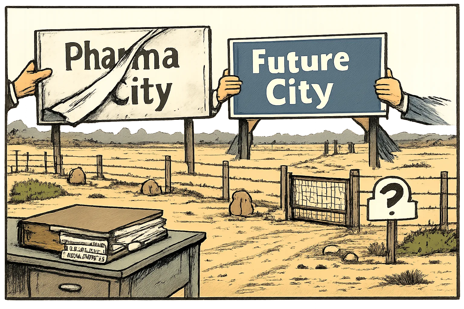 A fenced industrial tract near Hyderabad has a large Pharma City sign being replaced by a Future City sign, while an unopened government file and an unanswered question-mark sign sit beside the gate.