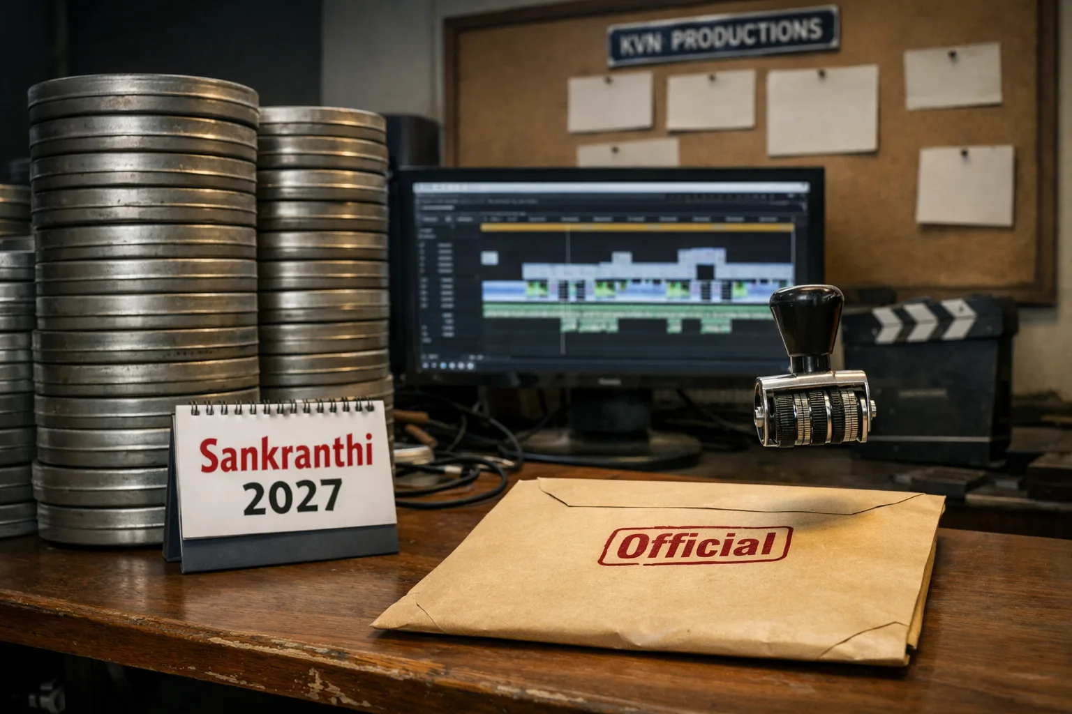 A film release calendar marked Sankranthi 2027 sits beside a silent production announcement board, while a film reel and editing timeline wait on a Hyderabad studio desk.