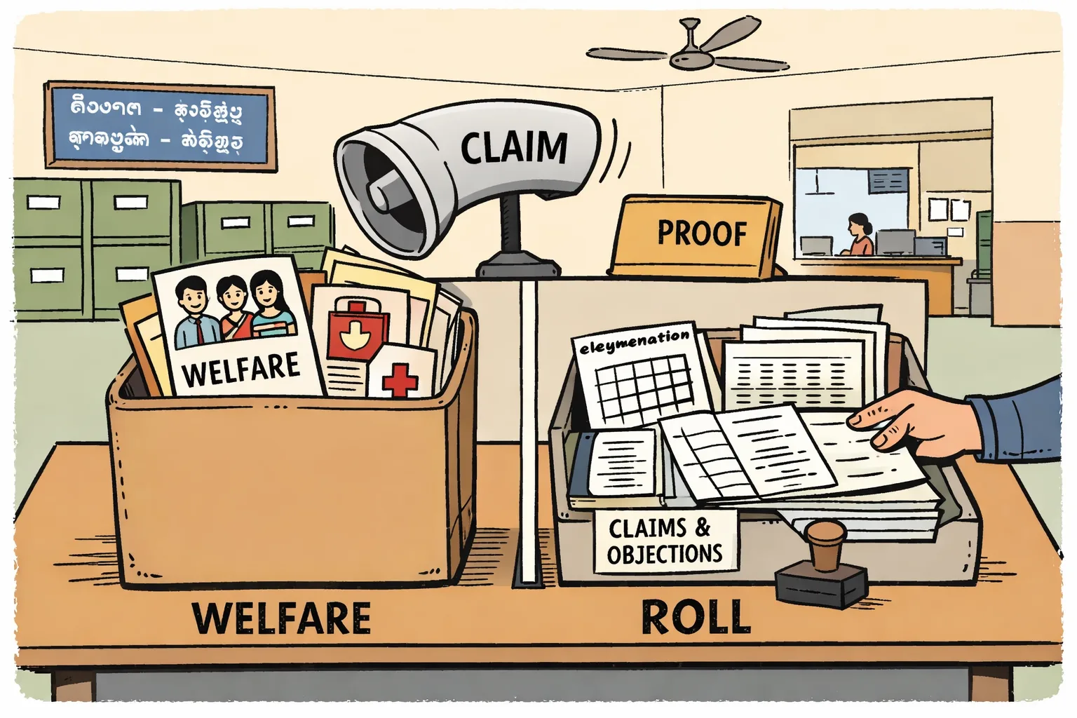 A Telangana welfare office desk holds two separate files: a large Family Register file marked “welfare” and an Election Commission electoral-roll file with forms, dates and a claims-and-objections tray; a loudspeaker above points toward the wrong file while an empty evidence folder sits nearby.