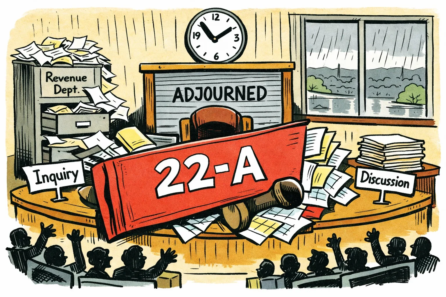 A giant file marked 22-A blocks the Speaker’s desk in the Telangana Assembly as silhouetted members raise their hands, with inquiry and discussion placards on opposite sides and an adjournment shutter descending.