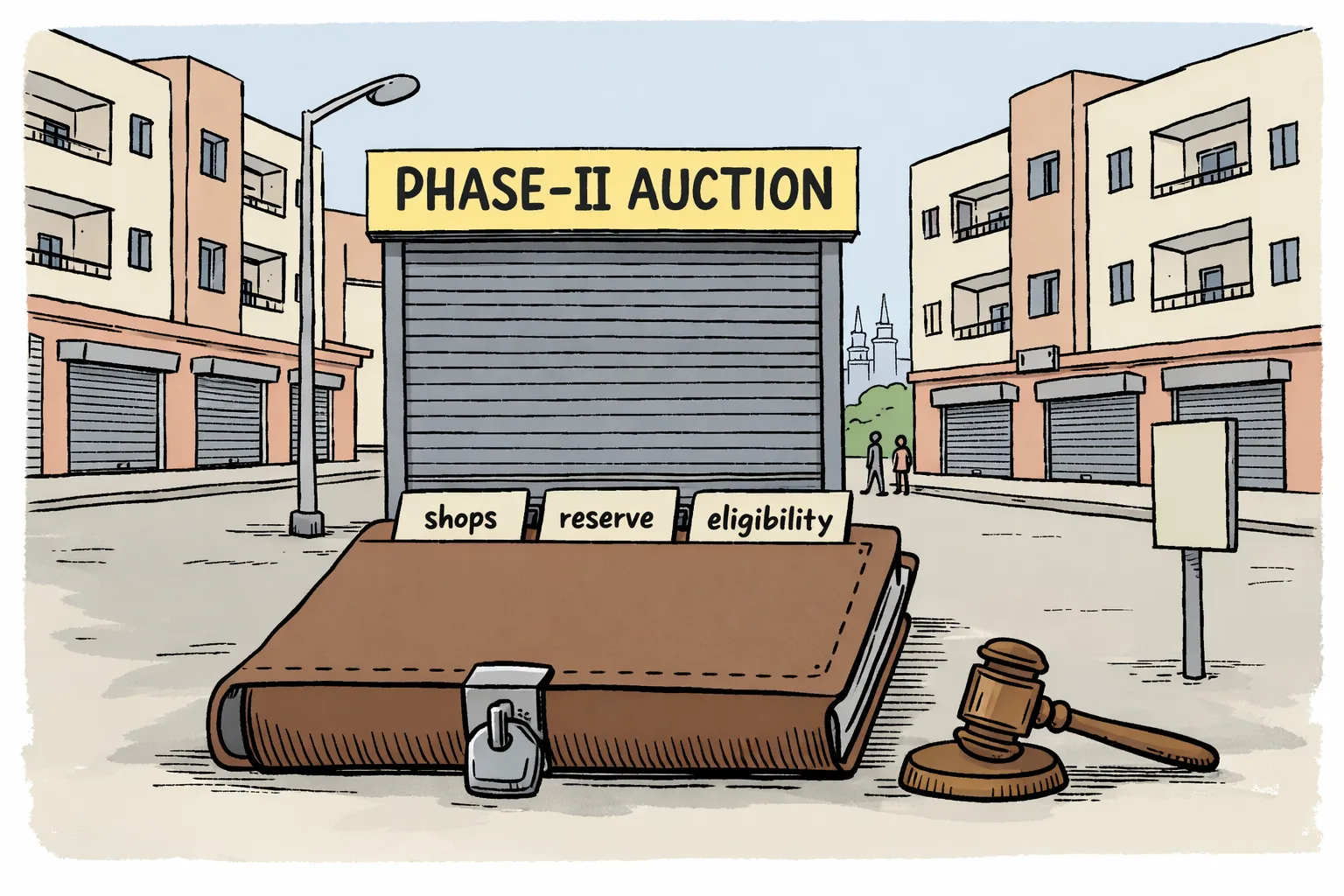 A row of shuttered shops in a Telangana 2BHK housing colony stands beneath a large auction notice, while a tiny missing-information folder sits on a counter marked with blank spaces for shop count and reserve price.