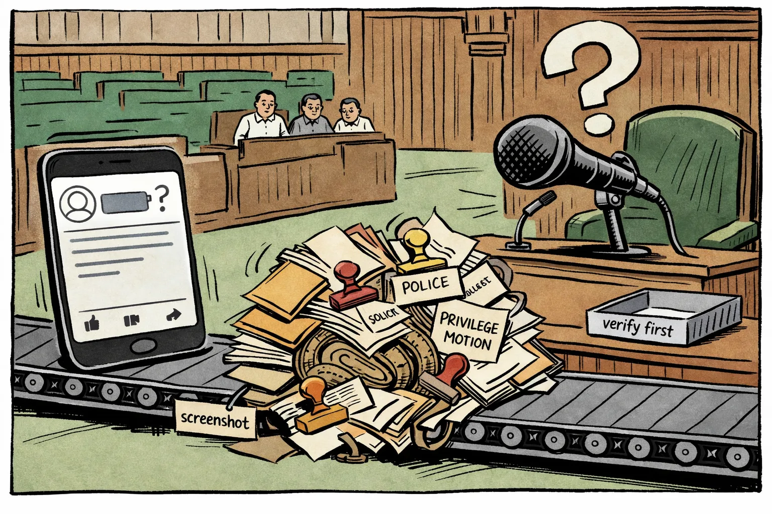 A cartoon Telangana Assembly chamber receives a smartphone screenshot on a conveyor belt, but the belt tangles with privilege-motion files, complaint papers and verification stamps beneath a large question mark.