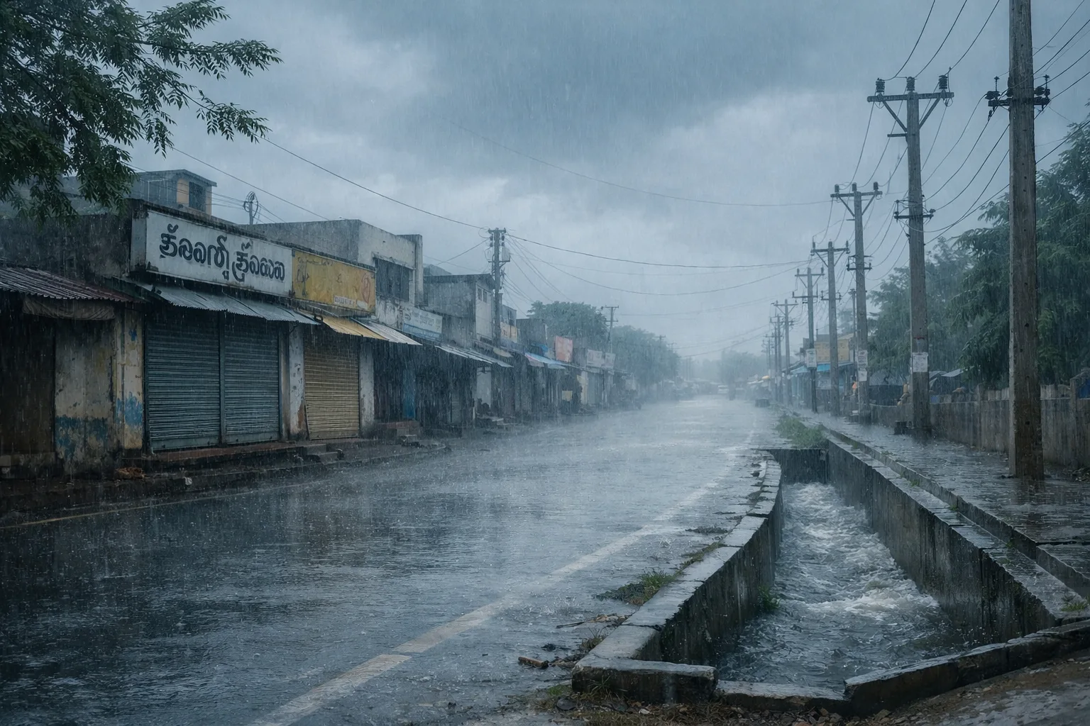 Heavy rain falls on a Telangana town road beside a closed shopfront, with water running along the roadside and storm clouds overhead.