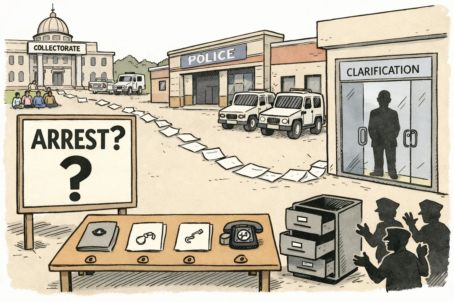 A Hanamkonda police-station scene shows a large 'ARREST?' notice above an empty desk with blank files, while a paper trail ends at a locked door marked 'CLARIFICATION'.