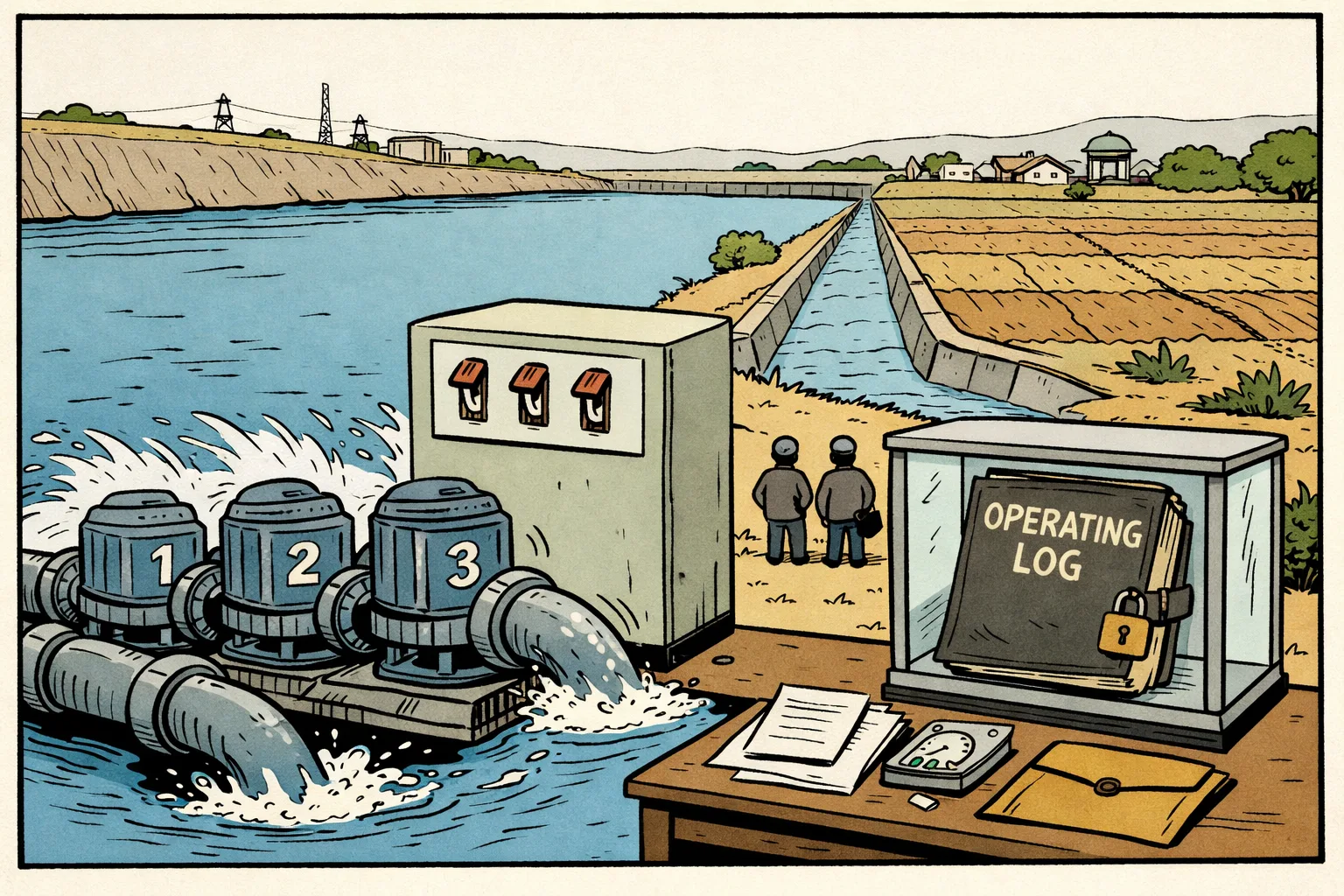 Three large irrigation pump motors beside a Telangana reservoir, with switches, pipes and paperwork arranged around them while an empty farm channel extends into the background.