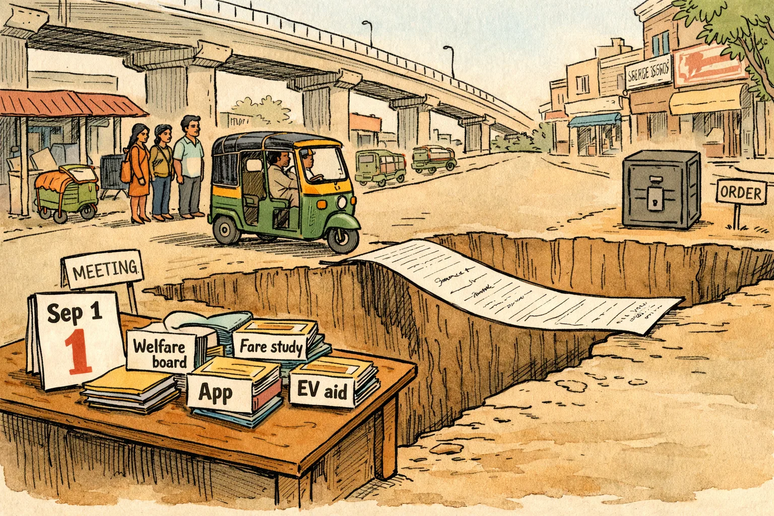 A Hyderabad auto-rickshaw waits before a wide trench separating government meeting papers from a distant government-order cabinet, while commuters stand nearby.