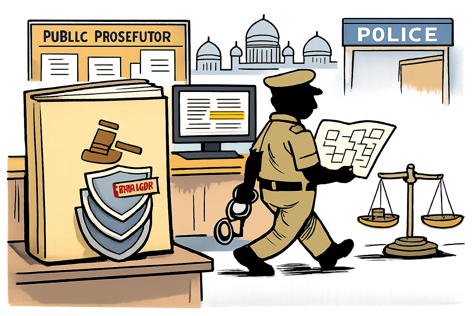 An anonymous police silhouette carrying handcuffs walks past a stack of court-protection shields and an oversized legal file while a computer displays a highlighted court order.