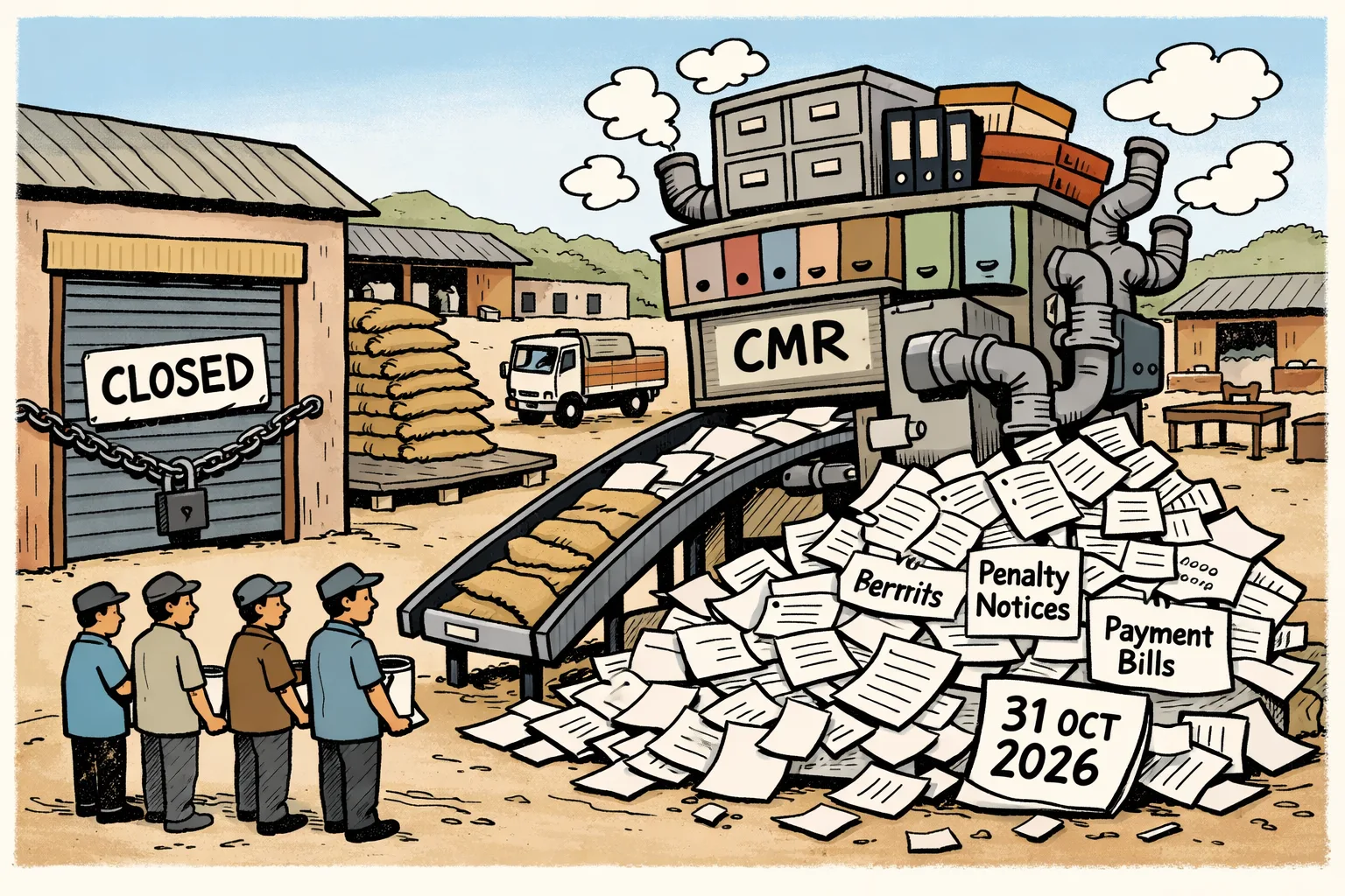 A closed Telangana rice mill stands beside a giant machine made of filing cabinets that grinds CMR forms, penalty notices and payment papers instead of rice.