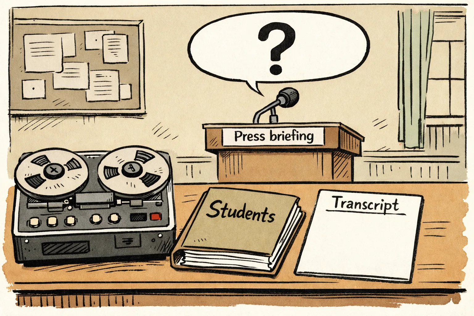 A Telangana government-style press podium stands before a silent tape recorder, while a large unanswered speech bubble hangs above an empty microphone; a file marked “Students” rests on a desk beside it.