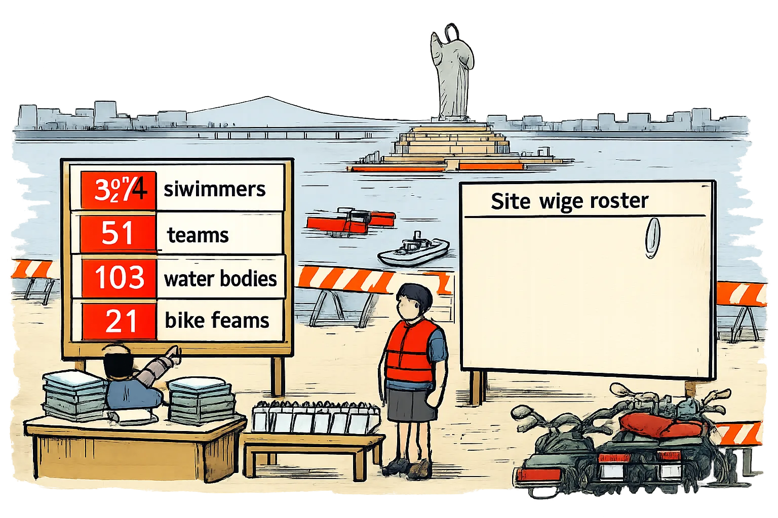 At Hussain Sagar, a noticeboard displays figures for swimmers, teams and water bodies beside a blank board labelled site-wise roster, with boats, response motorcycles and lake facilities behind it.