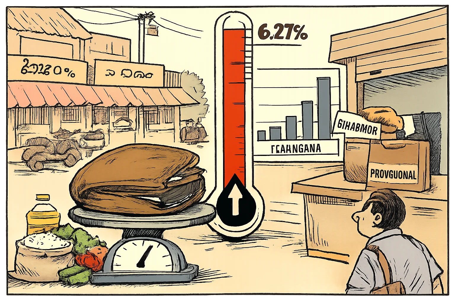An oversized nearly empty wallet and grocery items sit beneath a red inflation gauge marked 6.27%, while a government counter tries to cover a tall Telangana bar on a comparison chart with a paper labelled provisional.