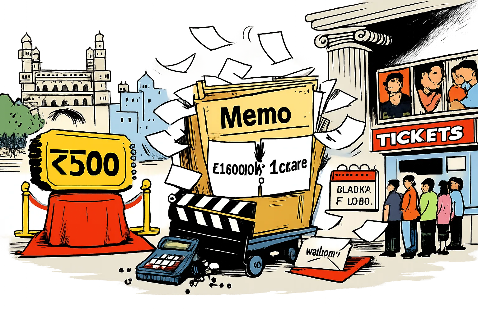 A giant ₹500 cinema ticket sits on a pedestal while a government file, calendar, split welfare figures and a calculator create chaos outside a Hyderabad multiplex.