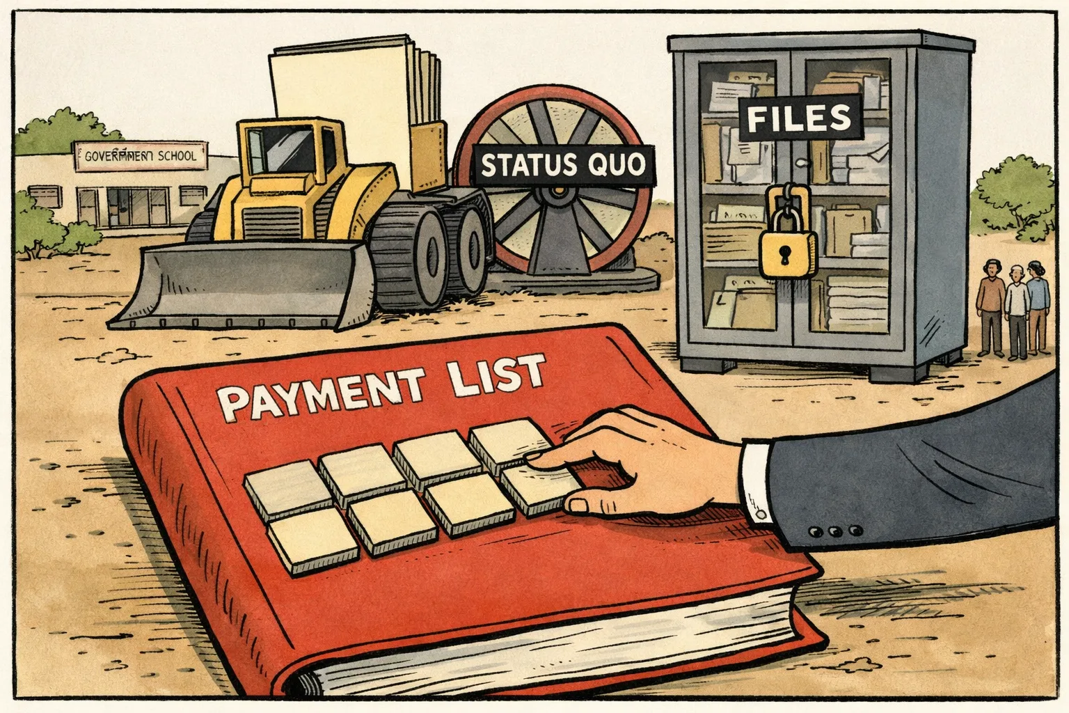 A locked records cupboard stands beside a Hakimpet school, while six school-ground tiles sit on a compensation ledger and a court-marked brake stops an industrial bulldozer.
