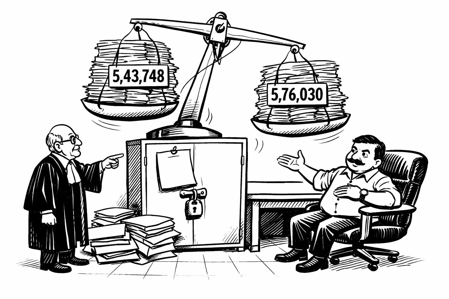 A Supreme Court judge points toward a locked election records cupboard while a Telangana election official gestures beside a giant balance scale that cannot settle between two stacks of Form 7 paperwork marked 5,43,748 and 5,76,030.
