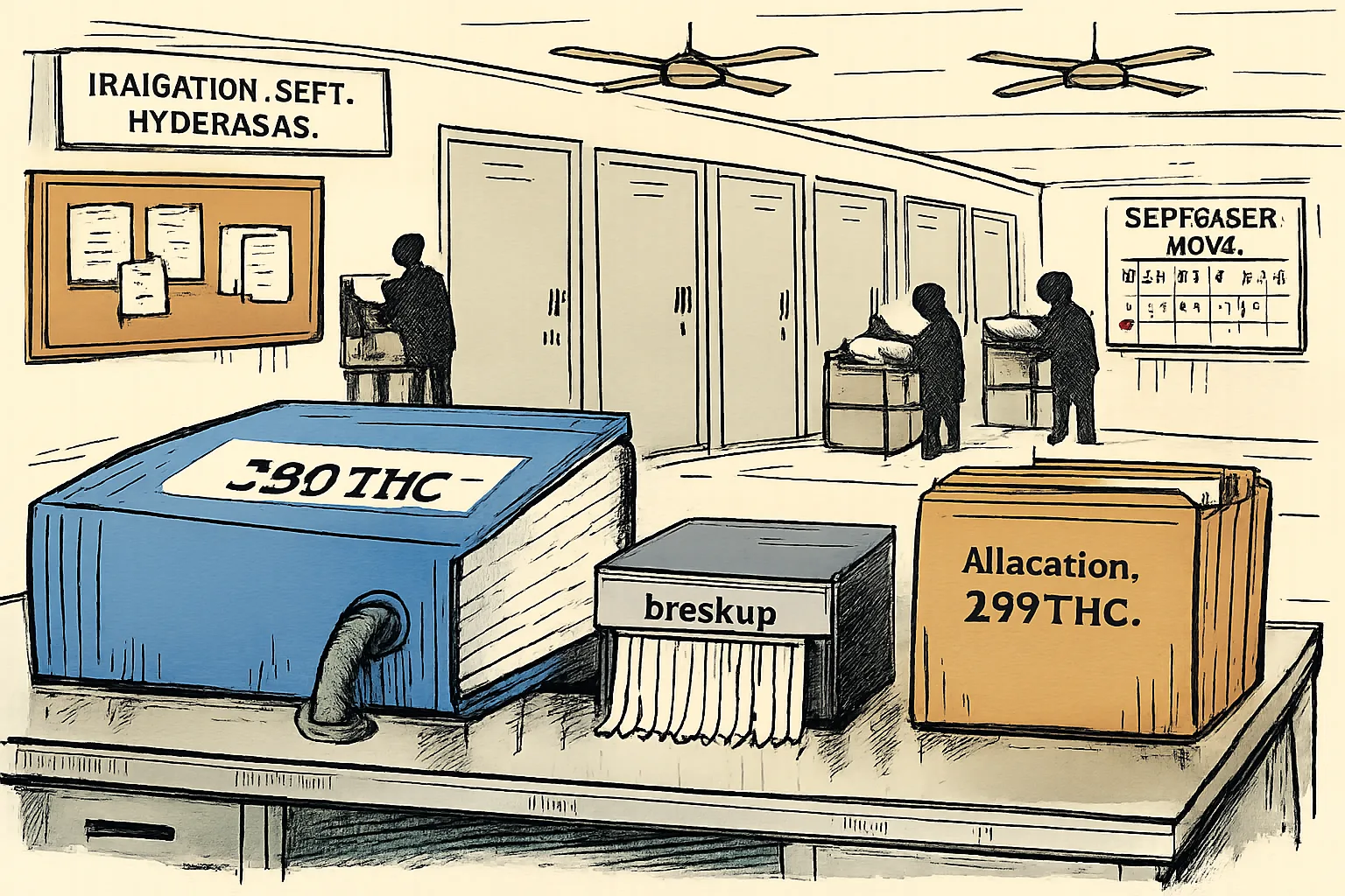A giant file marked “280 TMC” sits open and empty on a Telangana government office desk, beside a full allocation folder, while a pipe disappears into a shredder and anonymous officials search locked record-room doors.