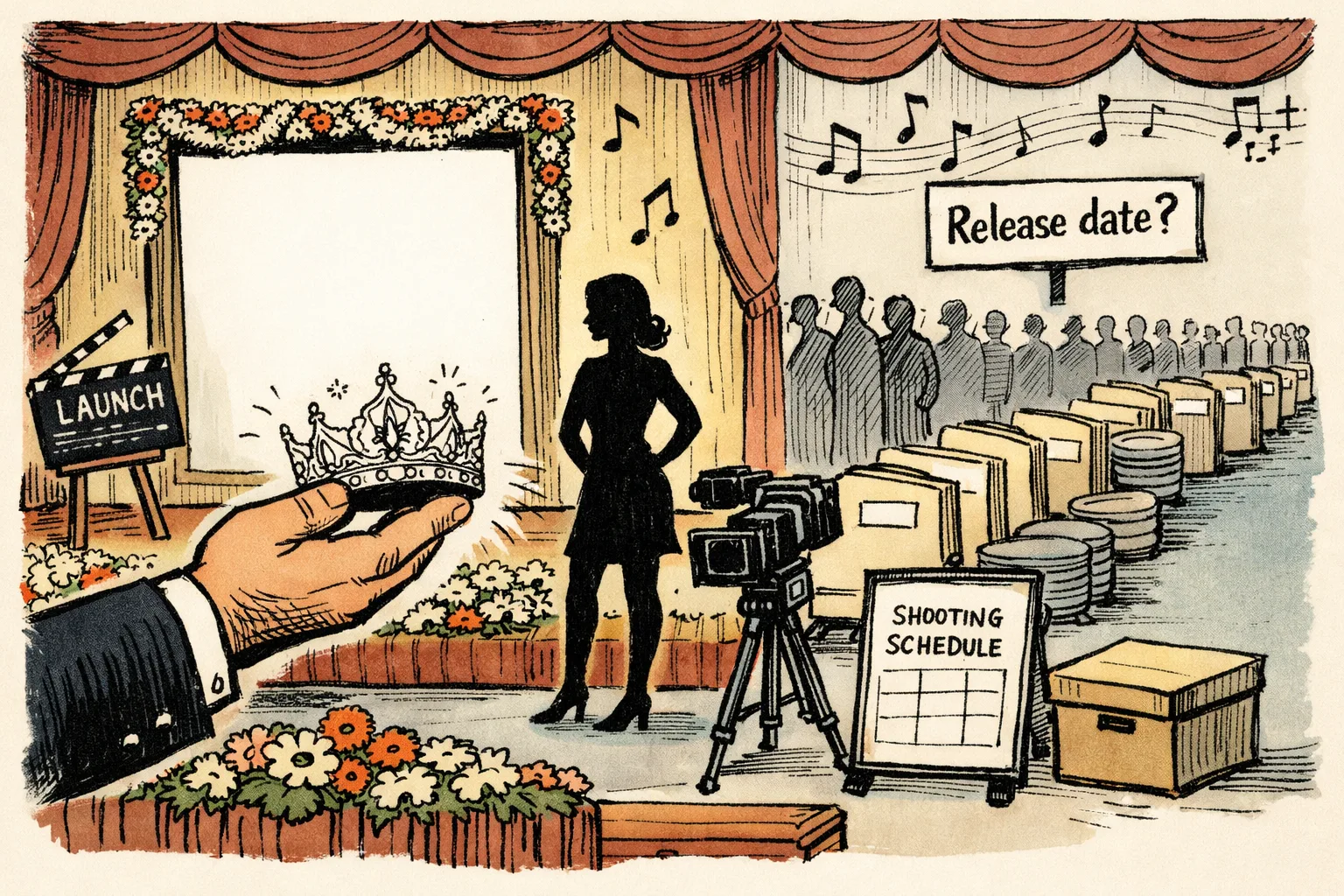 A cartoon film launch stage at Chennai’s Music Academy displays a blank poster frame and ceremonial clapboard, while a sparkling crown is offered to an unidentifiable actress silhouette and unanswered production folders wait in the foreground.