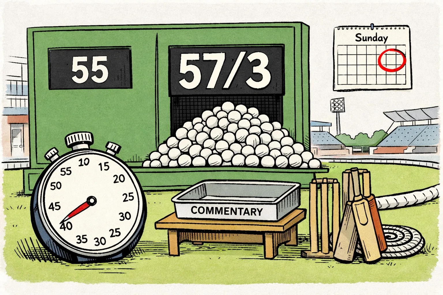 A cricket scoreboard shows 55 beside 57/3, with unused balls, an empty commentary tray and a Sunday calendar in the background.