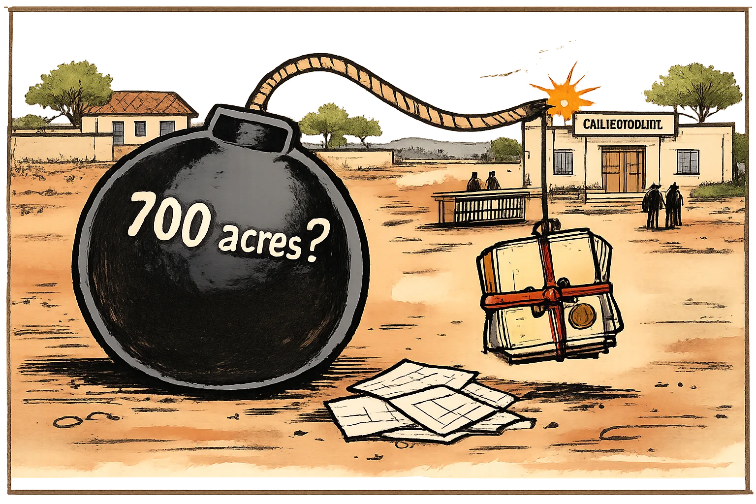 A bomb-shaped bundle marked “700 acres?” has a fuse ending in a tied government file, beside blank land maps, with an Erravelli farmhouse and closed government offices in the background.