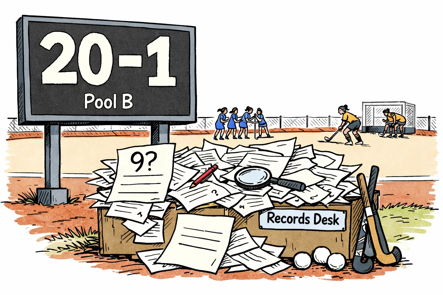 A giant hockey scoreboard shows 20–1 beside a cluttered records desk with a score sheet marked 9?, while distant players stand on a fenced outdoor pitch.