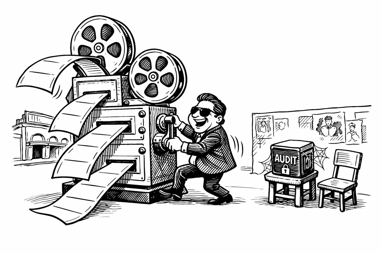 A large film-reel machine produces three conflicting box-office sheets while a small locked ledger marked “AUDIT” sits untouched beside a Hyderabad cinema frontage.