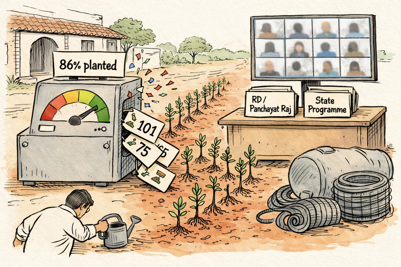 A government counter celebrates an 86 percent planting gauge while rows of fragile saplings wait beside an unused water tanker and fencing rolls; separate files indicate a department target and a wider state programme.