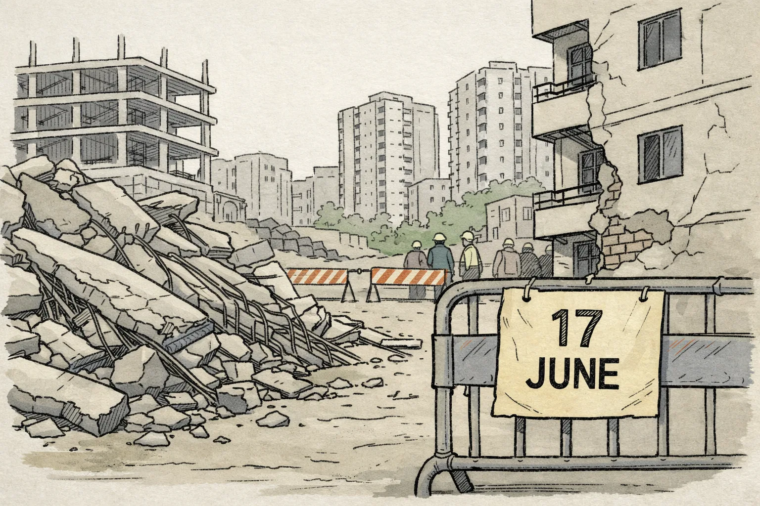 A collapsed concrete construction site in Gachibowli with rubble and exposed steel beside a damaged apartment block, while a civic warning notice dated 17 June remains attached to a barricade.